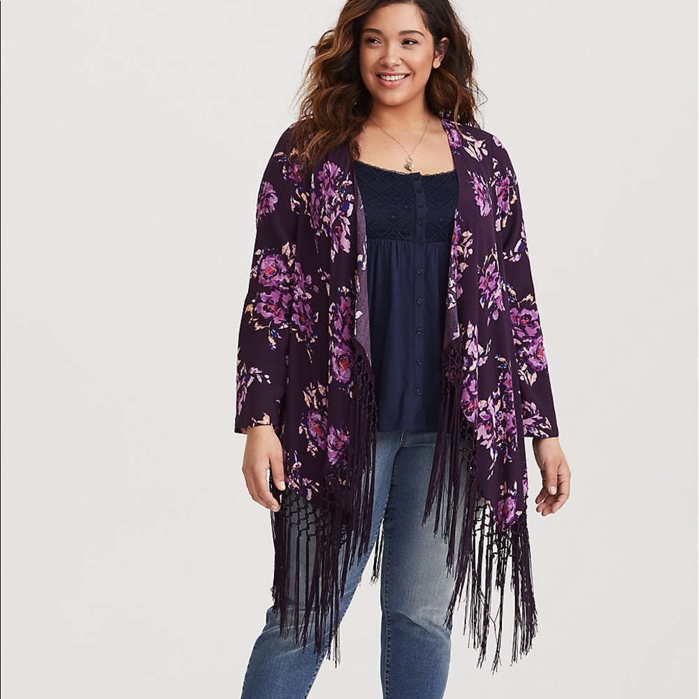 Torrid Purple Floral Fringe Cardigan